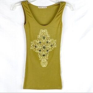 NEW-MARISA K Jeweled/Studded/Printed Green TankTop